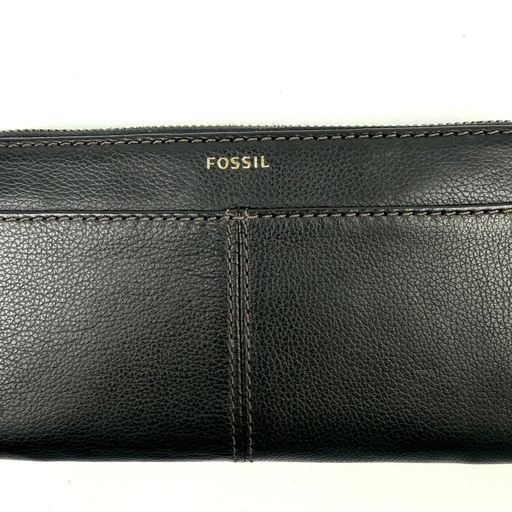 Fossil Tara‎ Wallet Black Leather Zip Around Clutch Accordion Organizer